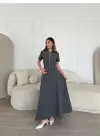 Omarı Fermuarlı Çan Etekli Uzun Elbise - Antrasit