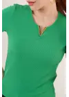 Kısa Kollu Yaka Detaylı Kaşkorse Yeşil Bluz