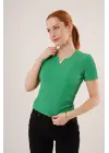 Kısa Kollu Yaka Detaylı Kaşkorse Yeşil Bluz