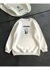 Kışlık Bisiklet Yaka Baskılı SweatShirt - Beyaz