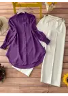 Kol Manşeti Drapeli Oval Kesim Gömlek          -Mor