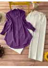 Kol Manşeti Drapeli Oval Kesim Gömlek          -Mor