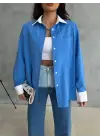 KOL VE MANŞET BEYAZ KAPALI PİLE DETAYLI GÖMLEK - Mavi