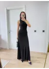 Kolsuz Büzgülü Uzun Elbise - Siyah