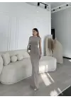 Kolsuz Uzun Likralı Elbise - Gri