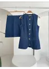 Kolsuz Yelekli Mini Etekli Denim Takım 10164