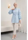 Kolu Fırfırlı Taşlı Düğmeli Bağlamalı Gömlek  -Buz Mavi