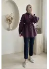 Kolu Fırfırlı Taşlı Düğmeli Bağlamalı Gömlek -Mürdüm