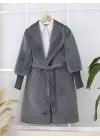 Kolu Ribanalı Şal Yaka Astarlı Kaşe Kaban -Füme
