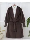 Kolu Ribanalı Şal Yaka Astarlı Kaşe Kaban    -K. Kahve