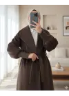Kolu Ribanalı Şal Yaka Astarlı Kaşe Kaban    -K. Kahve