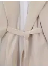 Kolu Ribanalı Şal Yaka Astarlı Kaşe Kaban -Krem