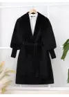 Siyah Kolu Ribanalı Şal Yaka Astarlı Kaşe Kaban Kadın Giyim