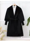 Kolu Ribanalı Şal Yaka Astarlı Kaşe Kaban -Siyah
