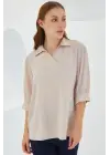 Krem Gömlek Yaka Saten Bluz 0493