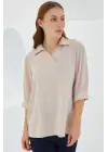 Krem Gömlek Yaka Saten Bluz 0493