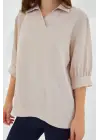Krem Gömlek Yaka Saten Bluz 0493
