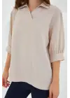 Krem Gömlek Yaka Saten Bluz 0493