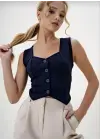 Krep kumaş düğmeli yelek lacivert s3395