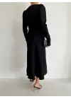 Krep Kumaş Midi Boy Kuşaklı Uzunkol Elbise 113 Cm