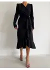 Krep Kumaş Midi Boy Kuşaklı Uzunkol Elbise 113 Cm