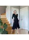 Krep Kumaş Midi Boy Kuşaklı Uzunkol Elbise 113 Cm