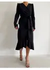 Krep Kumaş Midi Boy Kuşaklı Uzunkol Elbise 113 Cm