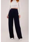 Omarı Bol Paça Lacivert Krep Kumaş Pantolon