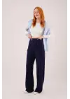 Omarı Bol Paça Lacivert Krep Kumaş Pantolon
