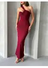 Şık Krinkıl Tek Omuz Elbise (Bordo)