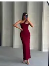 Şık Krinkıl Tek Omuz Elbise (Bordo)