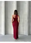 Şık Krinkıl Tek Omuz Elbise (Bordo)