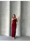 Şık Krinkıl Tek Omuz Elbise (Bordo)