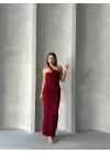 Omarı Burgundy Asimetrik Kesim Uzun Elbise