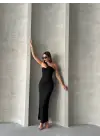 Omarı Şık Krinkıl Tek Omuz Siyah Uzun Elbise