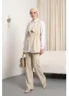 Kruvaze Yaka Beli Lastikli Yelek Pantolon Modal Takım -Bej