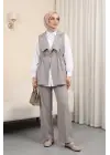 Kruvaze Yaka Beli Lastikli Yelek Pantolon Modal Takım -Gri