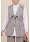 Kruvaze Yaka Beli Lastikli Yelek Pantolon Modal Takım -Gri