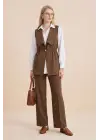 Kruvaze Yaka Beli Lastikli Yelek Pantolon Modal Takım -Kahve
