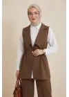 Kruvaze Yaka Beli Lastikli Yelek Pantolon Modal Takım -Kahve