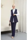 Kruvaze Yaka Beli Lastikli Yelek Pantolon Modal Takım  -Laci