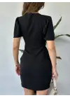 Kruvaze Yaka Omuzu Büzgülü Kat Kat Elbise -Siyah