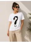 Kuğu Figürlü Soru İşareti Baskılı Tişört Kısa Kol T-Shirt - Beyaz
