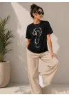 Kuğu Figürlü Soru İşareti Baskılı Tişört Kısa Kol T-Shirt - Siyah