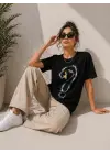 Kuğu Figürlü Soru İşareti Baskılı Tişört Kısa Kol T-Shirt - Siyah