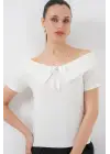 Kurdele Detaylı Örme Bluz 949 - Beyaz