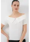 Kurdele Detaylı Örme Bluz 949 - Beyaz