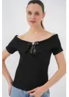 Kurdele Detaylı Örme Bluz 949 - Siyah