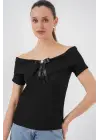 Kurdele Detaylı Örme Bluz 949 - Siyah