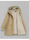 Kürklü Çıkma Kapşonlu İçi Peluşlu Mont -Vizon
